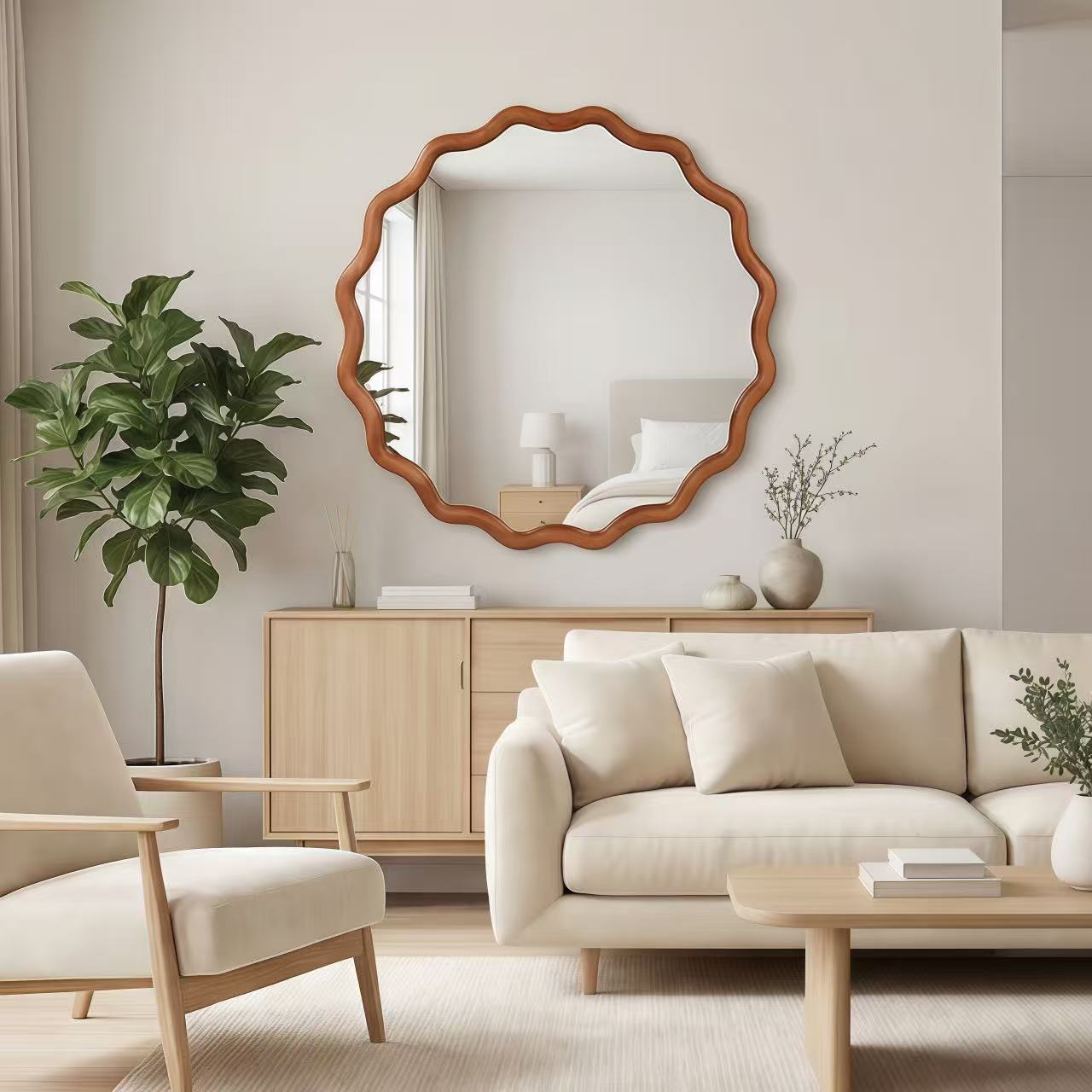 Miroir rond décoratif ondulé 24 po, bois brun, cadre