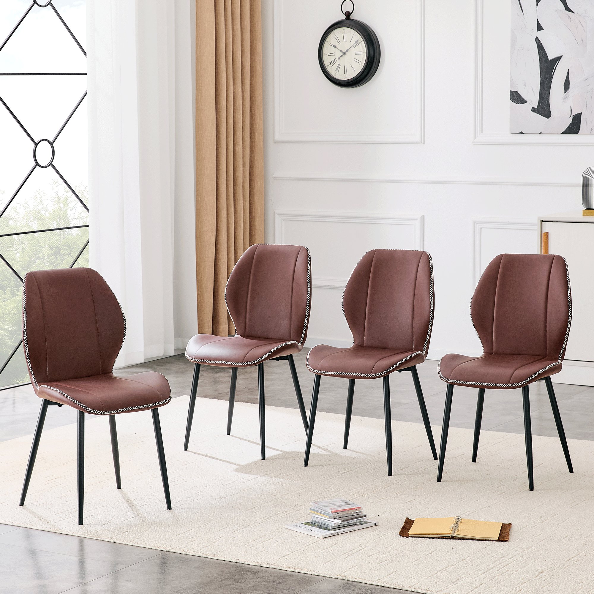 4 chaises cuir PU brun luxe pieds métal ajustables