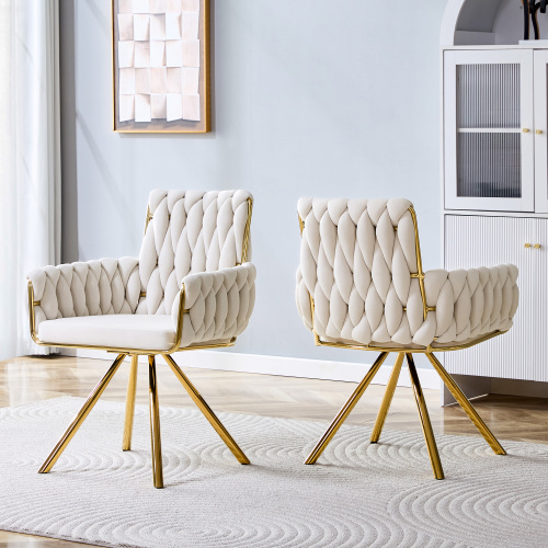 Chaises dining velours tressé 2 pc, pieds or, beige