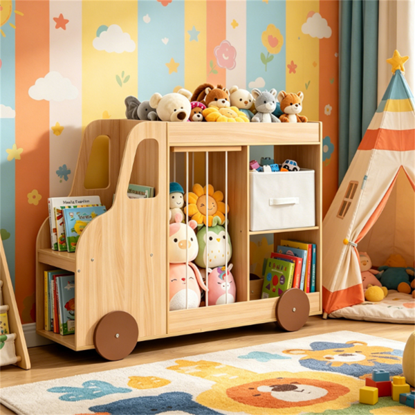 Organiseur rangement jouets 4-en-1 roulant, étagère voiture bois