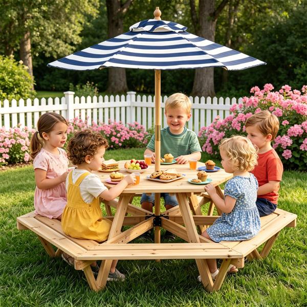 Table pique-nique hexagonale 6 places enfants parapluie