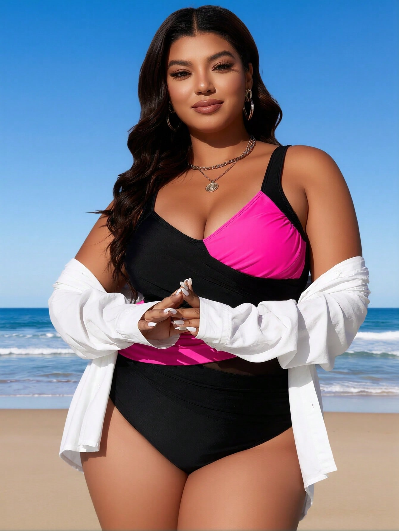 Maillot 1 pièce 2026 taille plus noir rose fuschia mailles