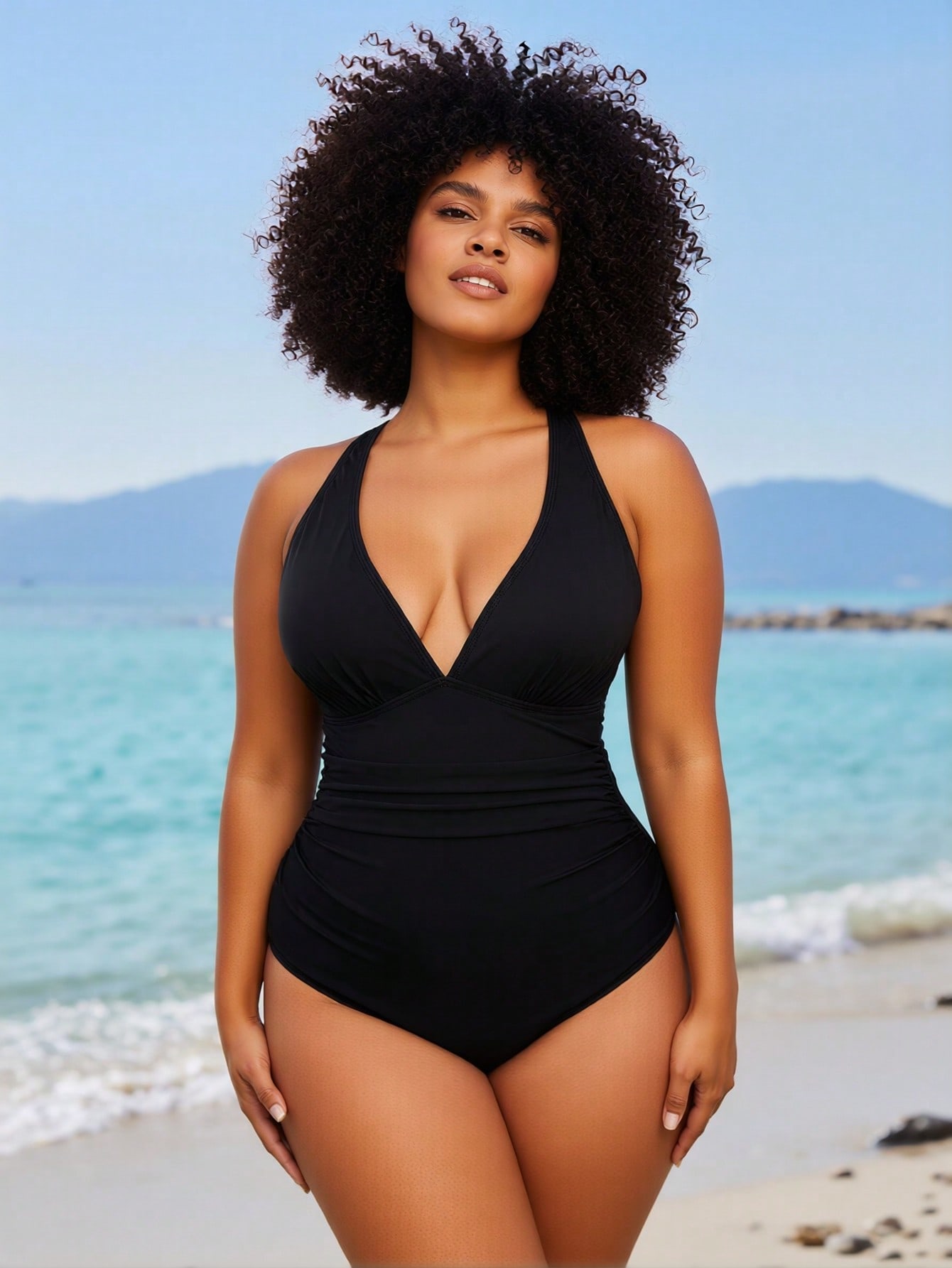 Maillot 1 pièce 2026 noir - Col licou, col V profond, contrôle