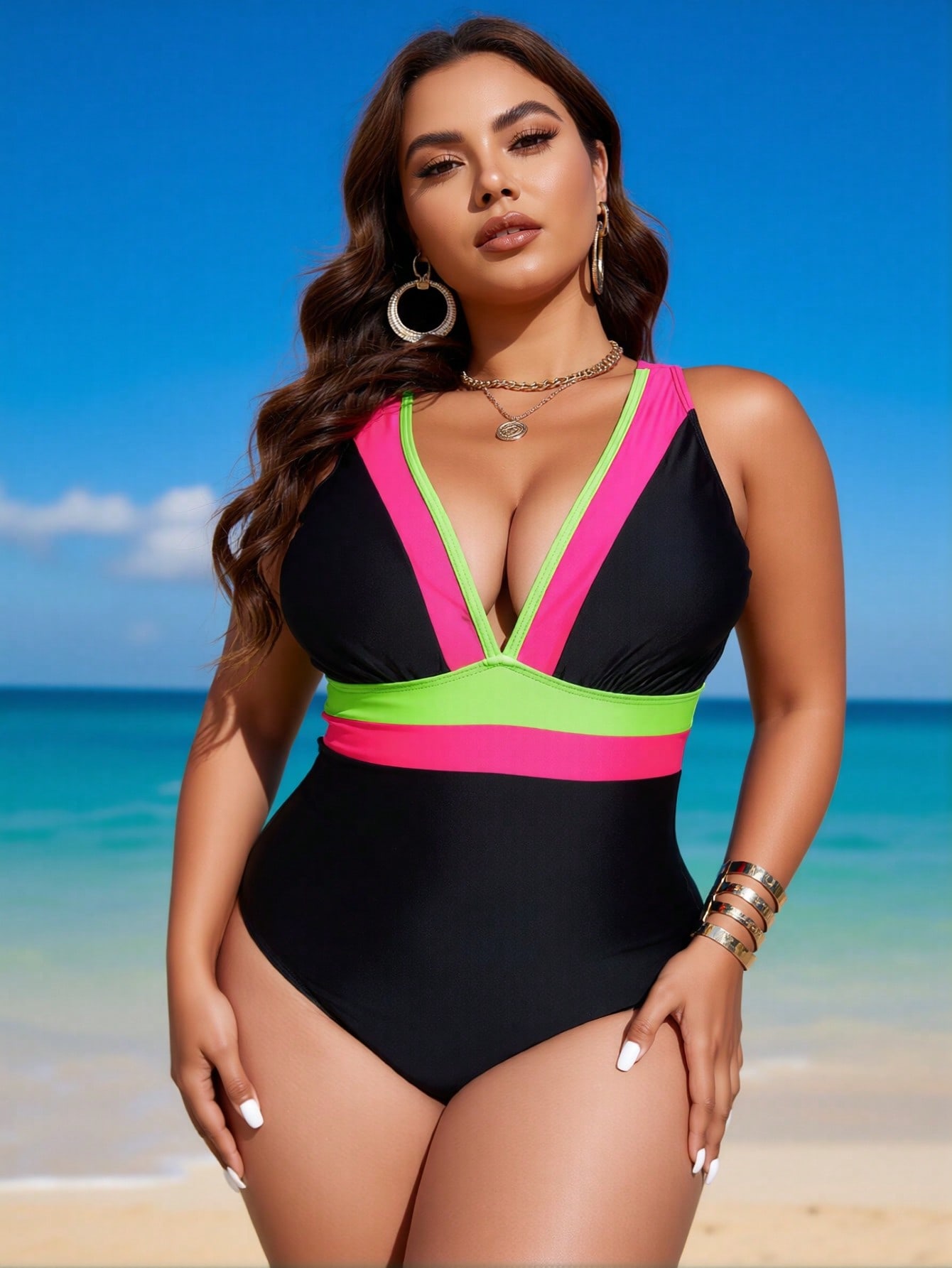 Maillot 1 pièce 2026 taille plus noir rose fluo-vert