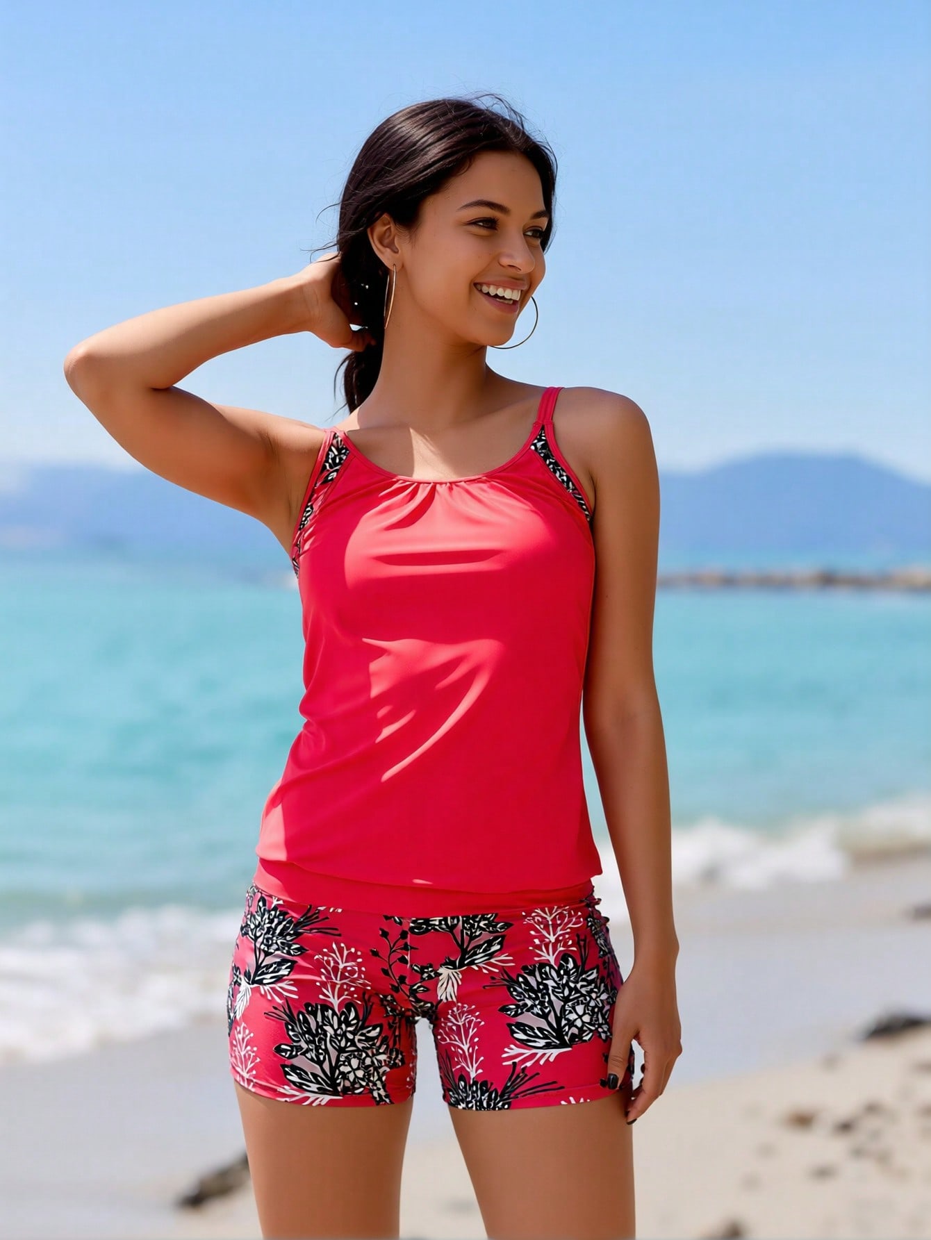 2026 Maillot deux pièces rouge imprimé contrôle ventre femme