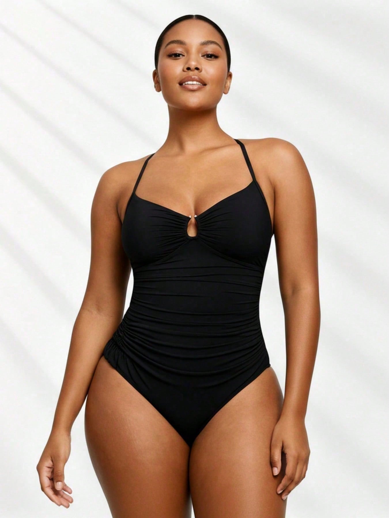Maillot 1 pièce 2026 grande taille - Design froncé noir, keyhole