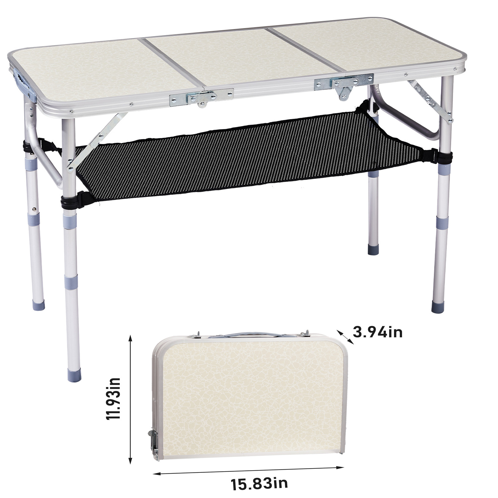 Table camping alu pliable 3pi, hauteur ajustable, rangement mailles