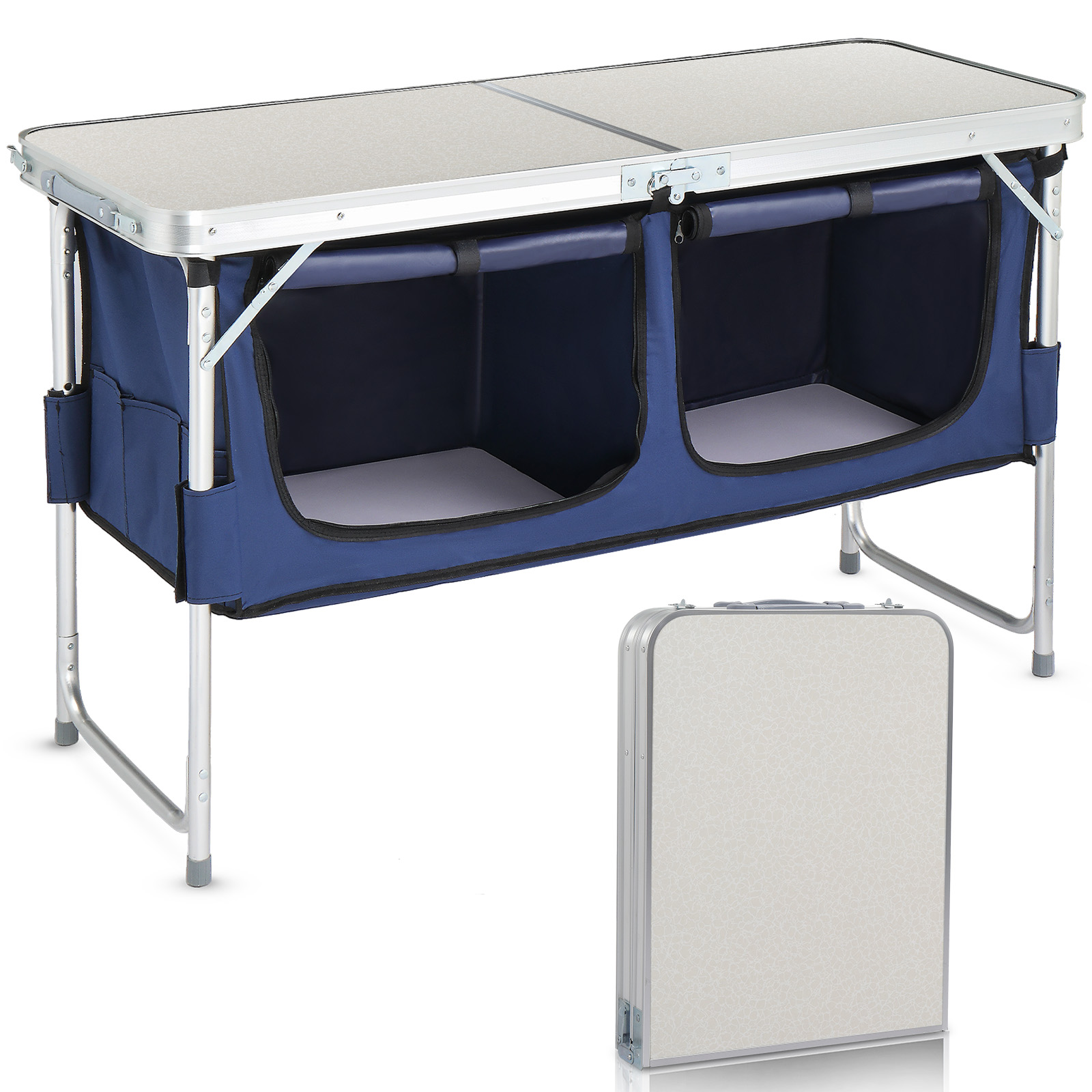 Table camping aluminium pliable 4pi, 2 compartiments rangement