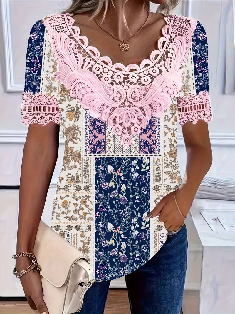 T-shirt femme imprimé floral dentelle, col rond, manches courtes