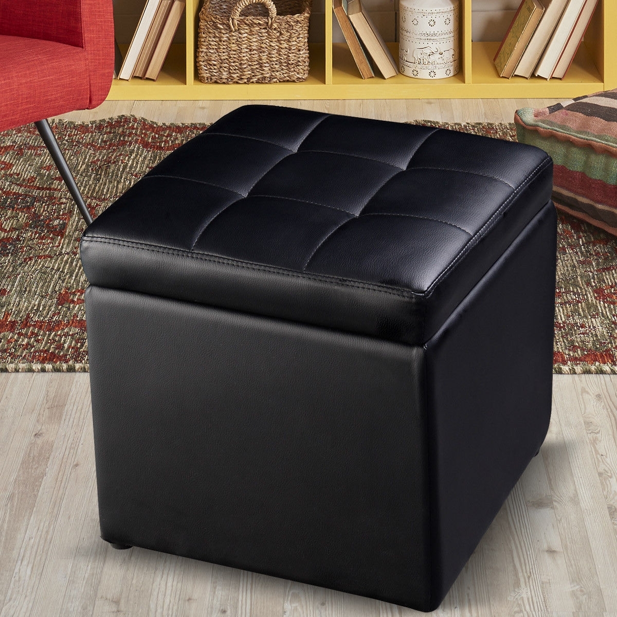Pouf ottoman cube rangement pliable noir