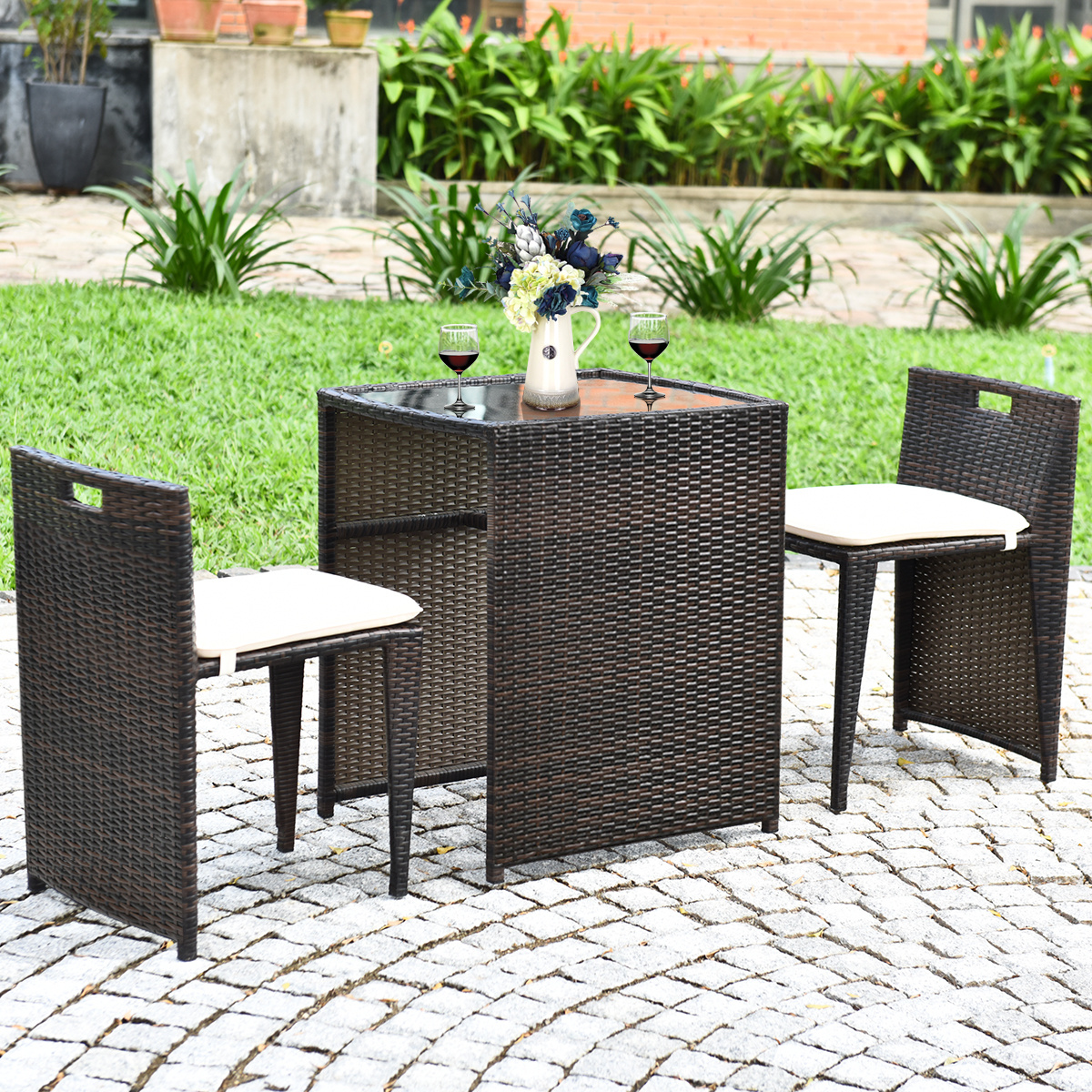 Ensemble bistro osier 3 pcs, coussins, sans assemblage