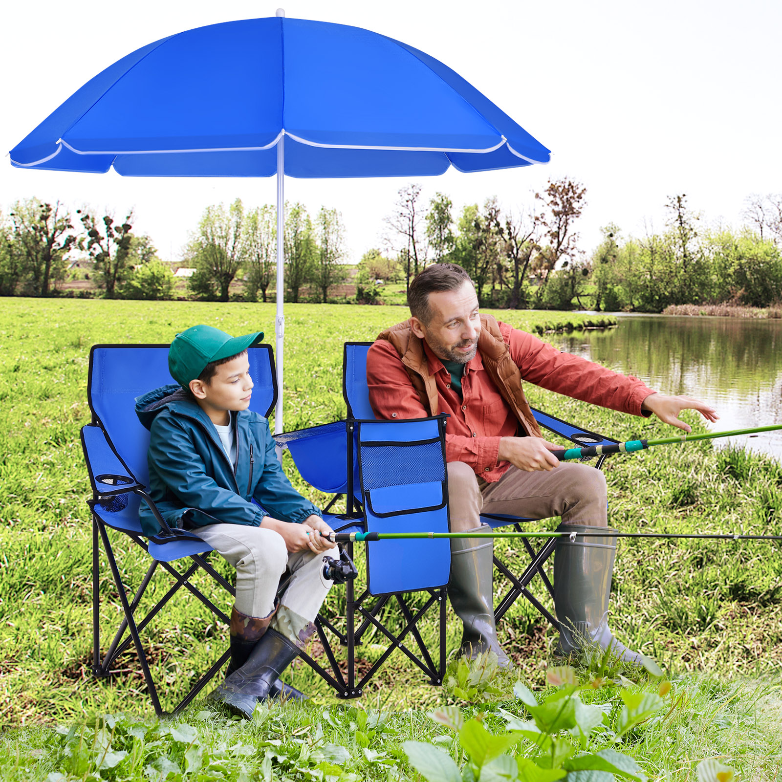 Chaise pique-nique pliante double parapluie bleu
