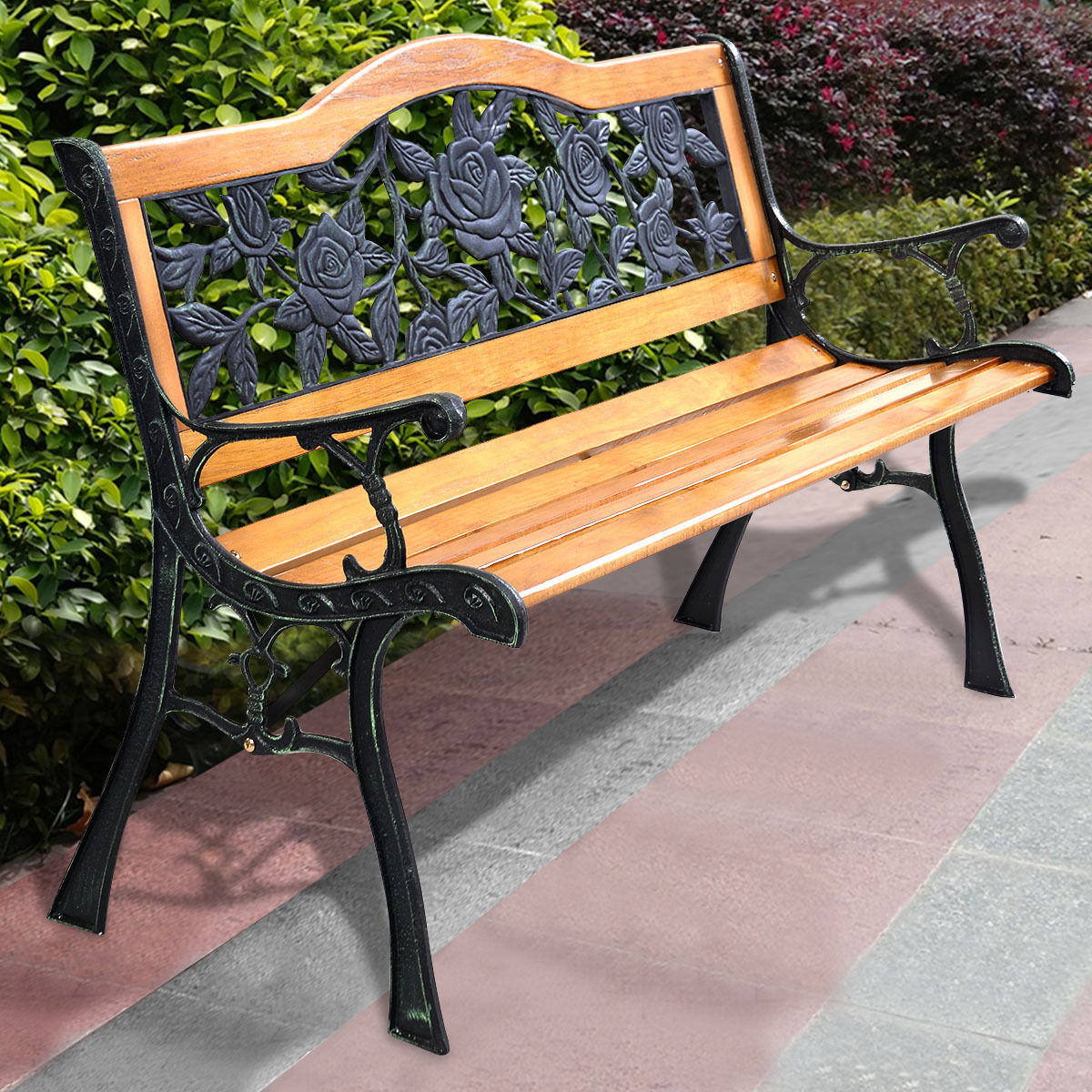 Banc jardin extérieur bois acoudoirs fer