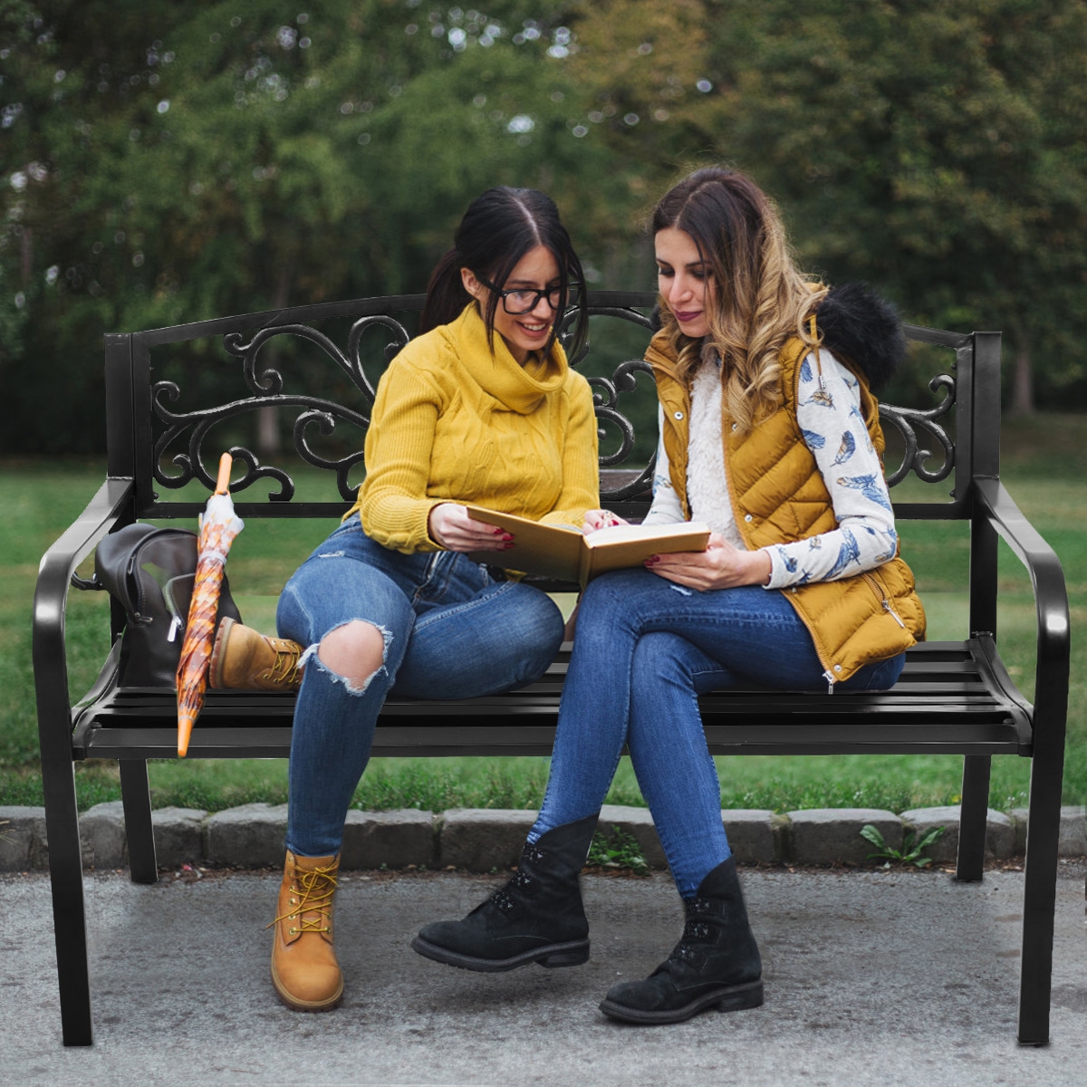 Banc parc acier 50", dossier fonte, style porche