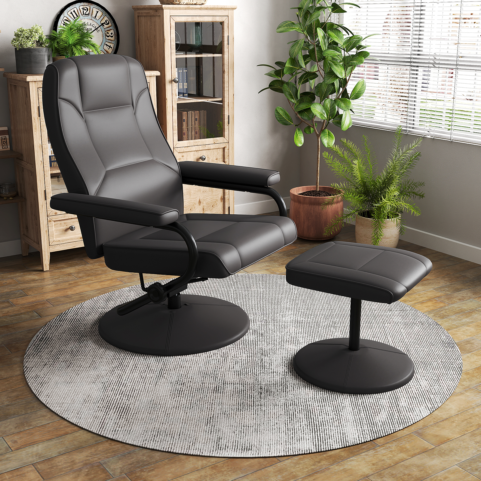 Fauteuil pivotant réclineur avec ottoman, noir