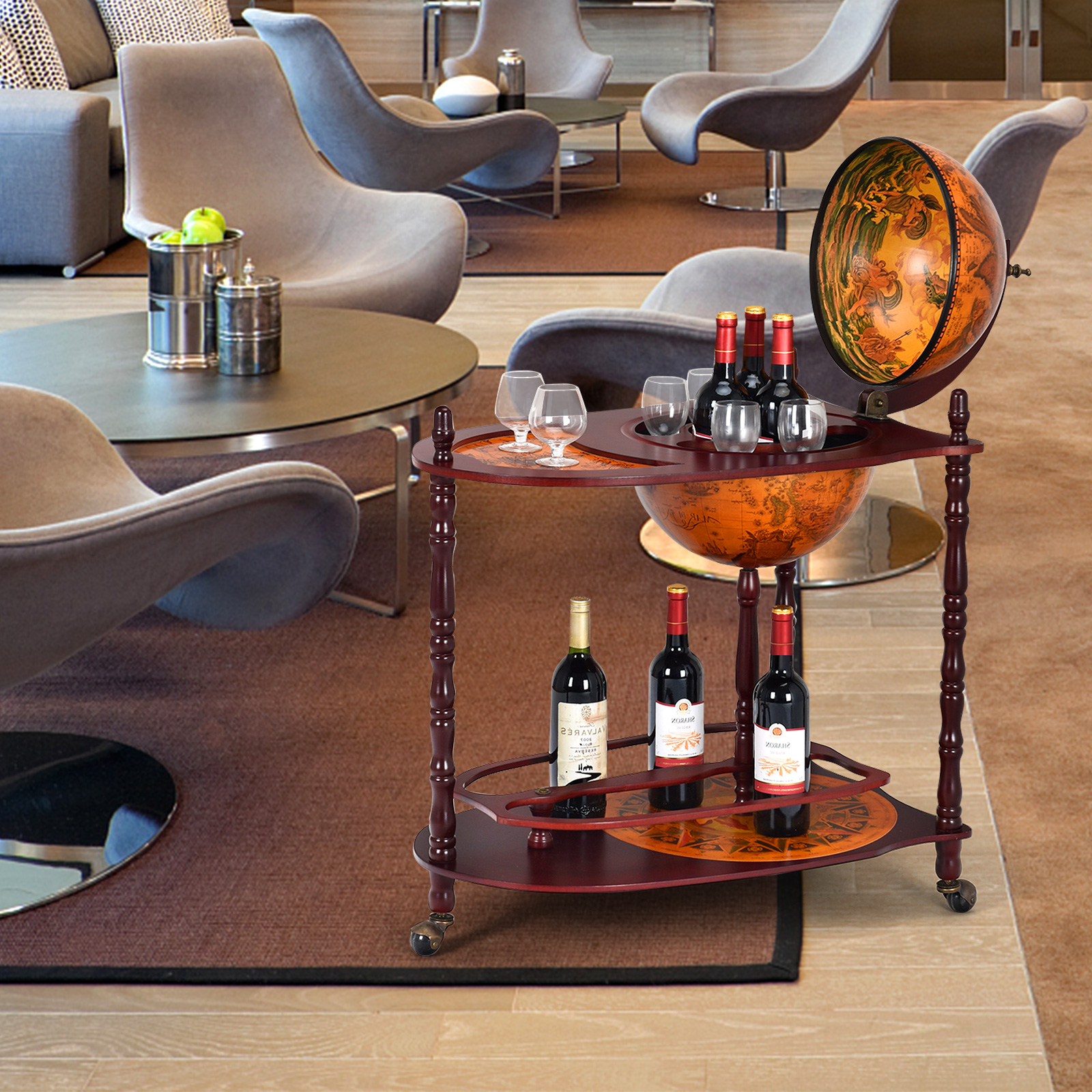 Chariot bar vin globe roulant tablette supplémentaire