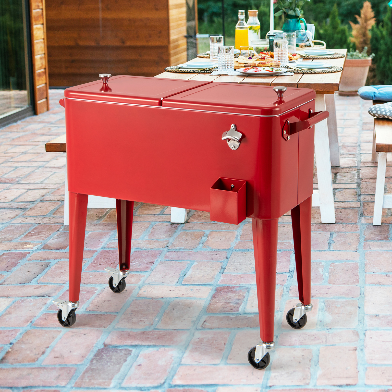 Chariot glacière patio extérieur portable rouge
