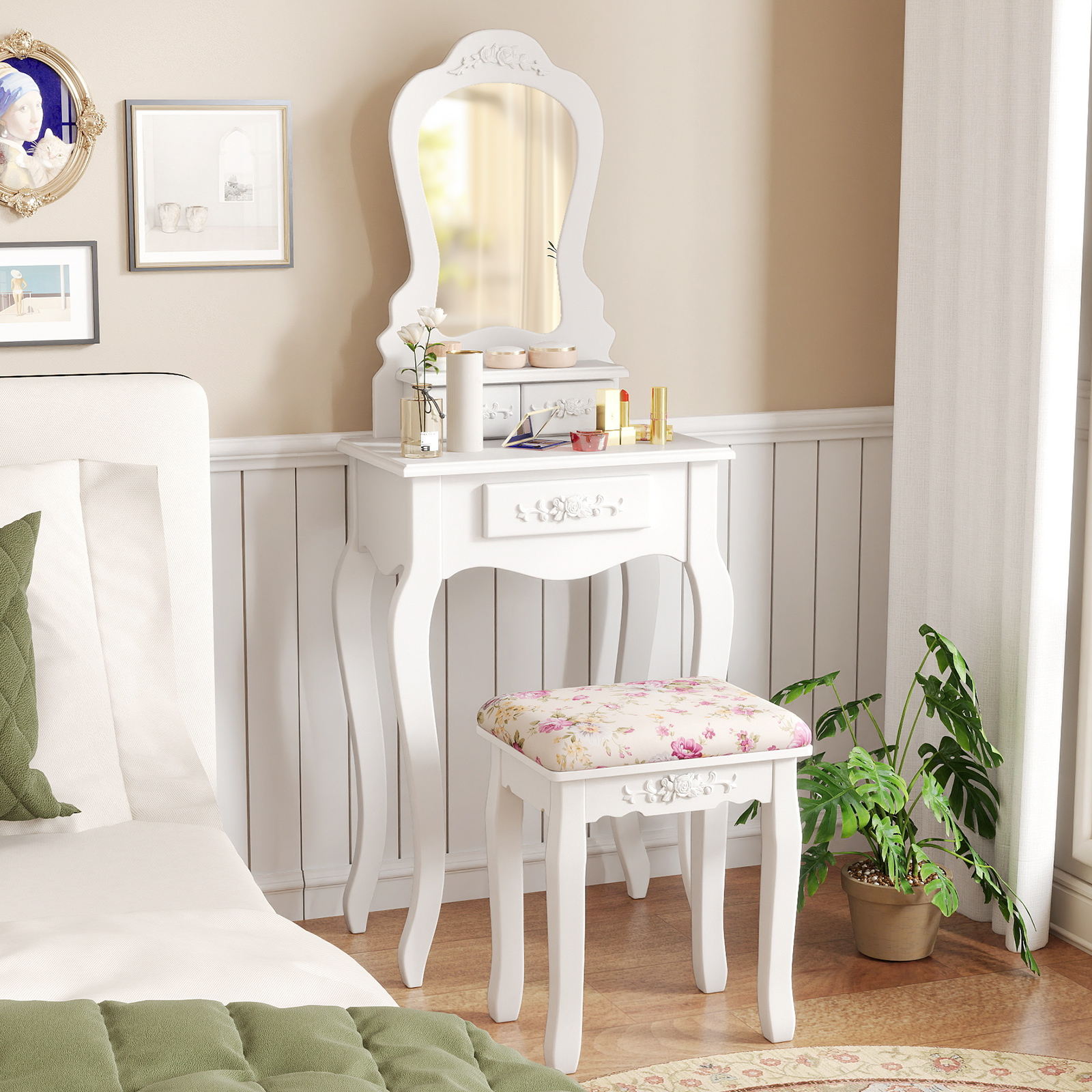 Table maquillage blanc 3 tiroirs tabouret rembourré