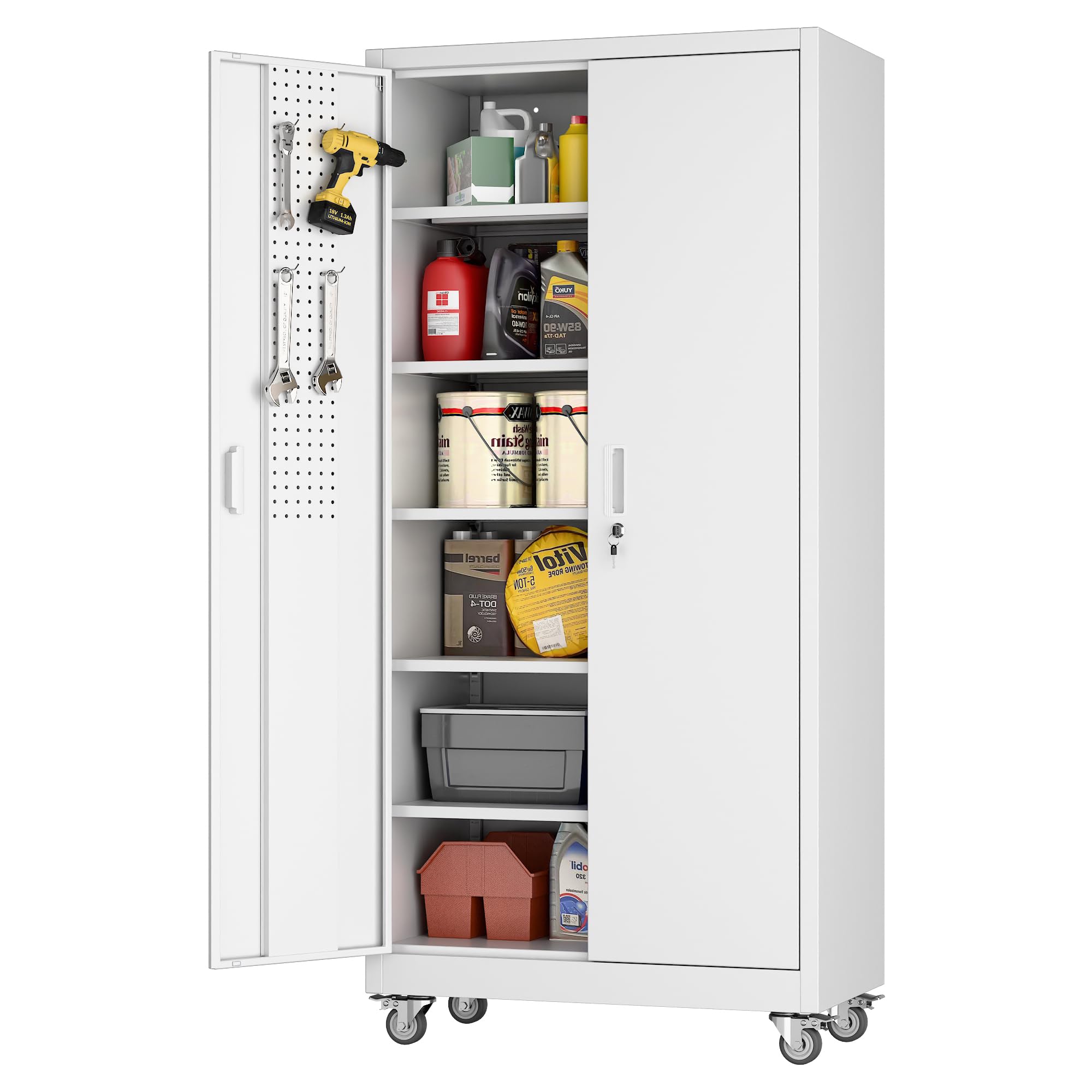 Aobabo Armoire métal roues portes pegboard 5 tablettes ajustables
