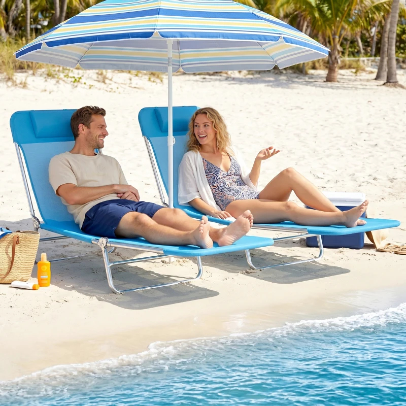 2x Chaise lounge pliable maille bleue plage patio
