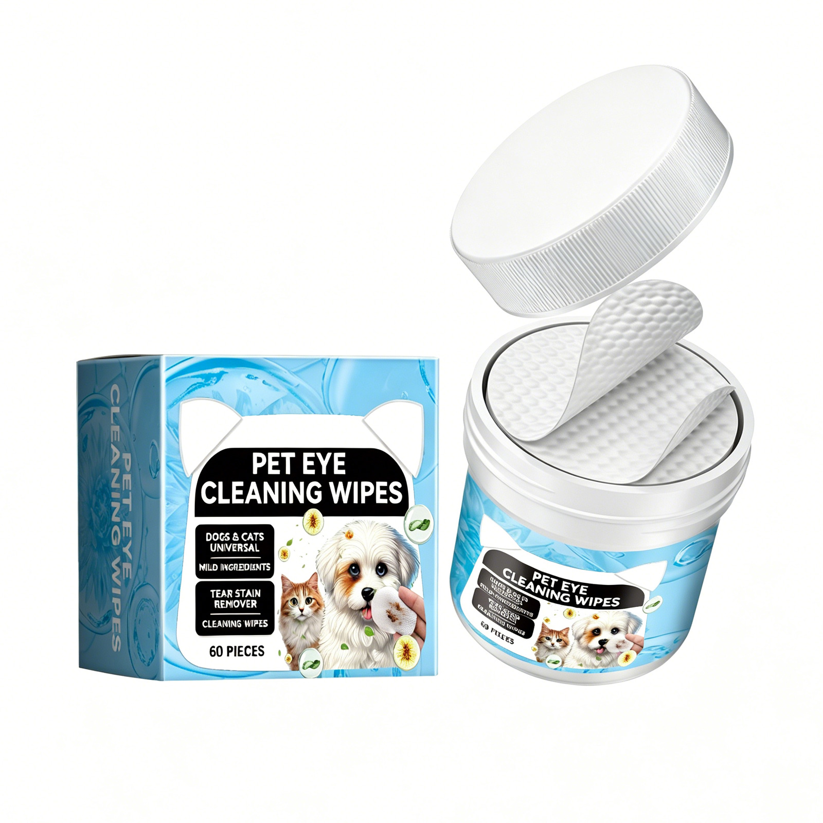Lingettes nettoyage oculaire chien et chat, éliminant taches, 60 unités
