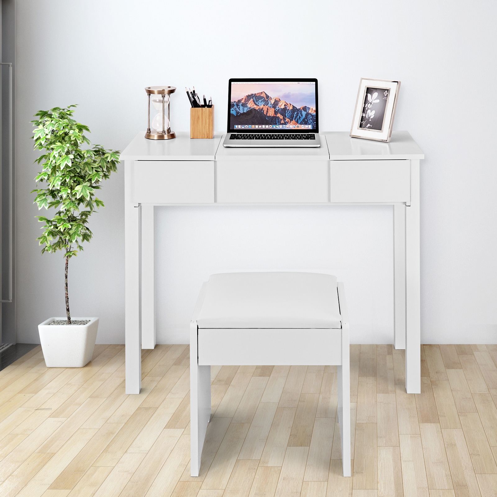 Coiffeuse maquillage miroir rabattable tabouret blanc