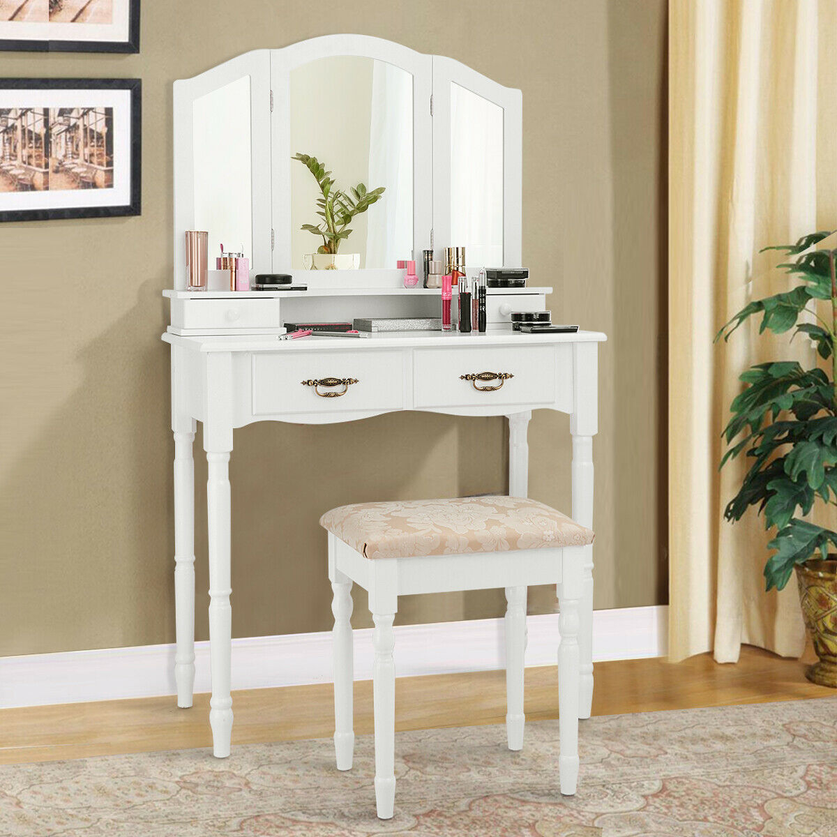 Coiffeuse miroir triptyque, 3 tiroirs, blanc, tablette rangement