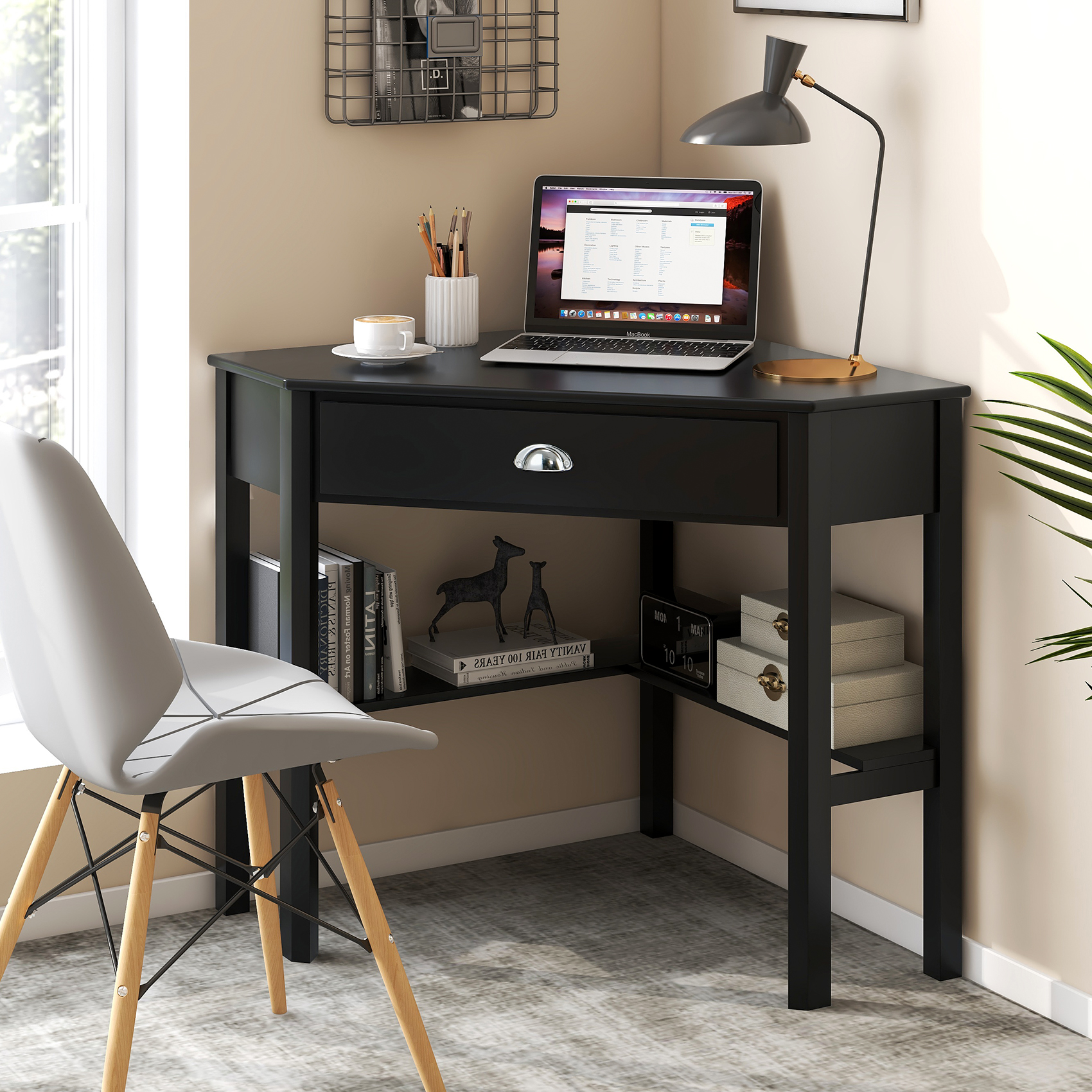Bureau coin bois ordinateur, noir