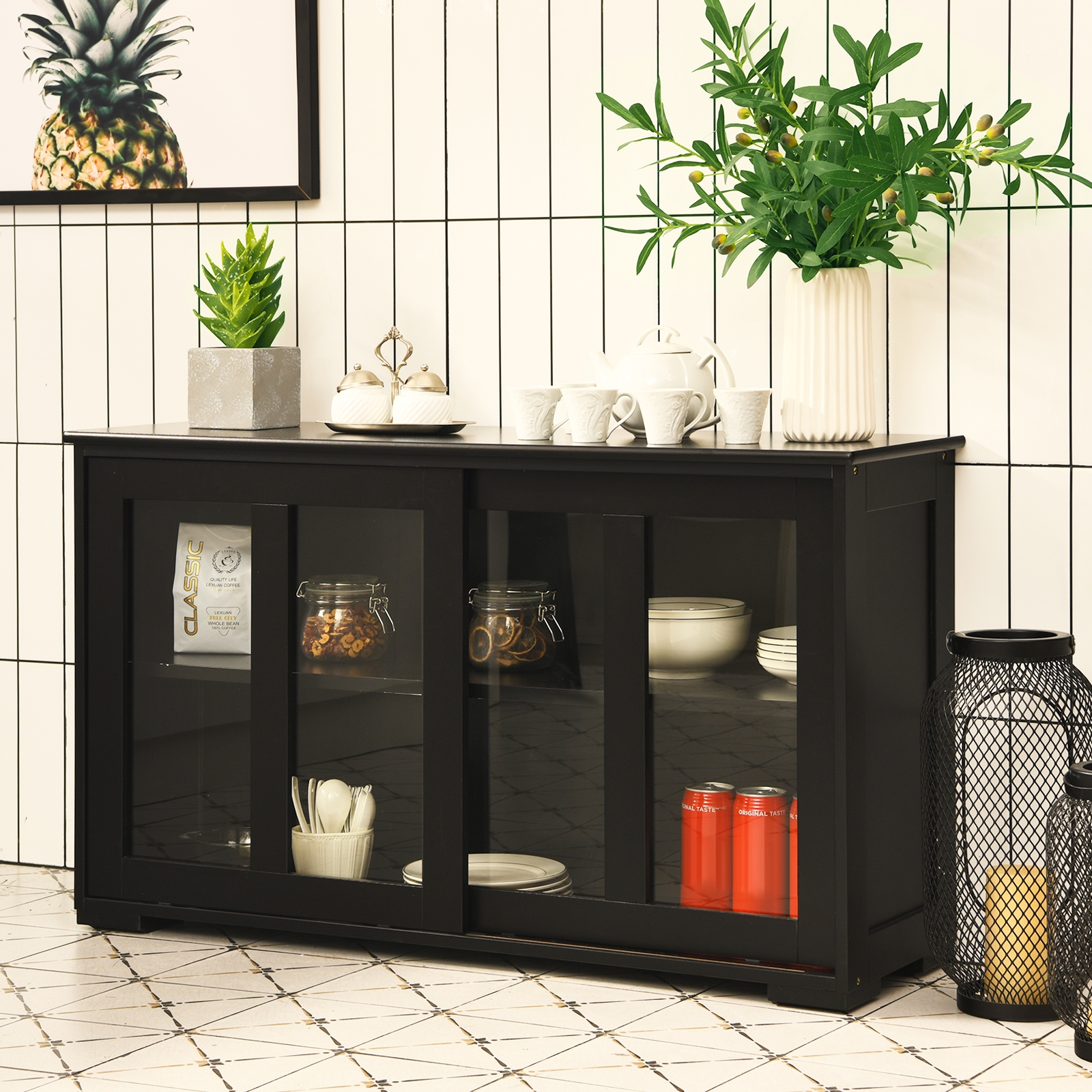 Armoire cuisine porte coulissante verre noir
