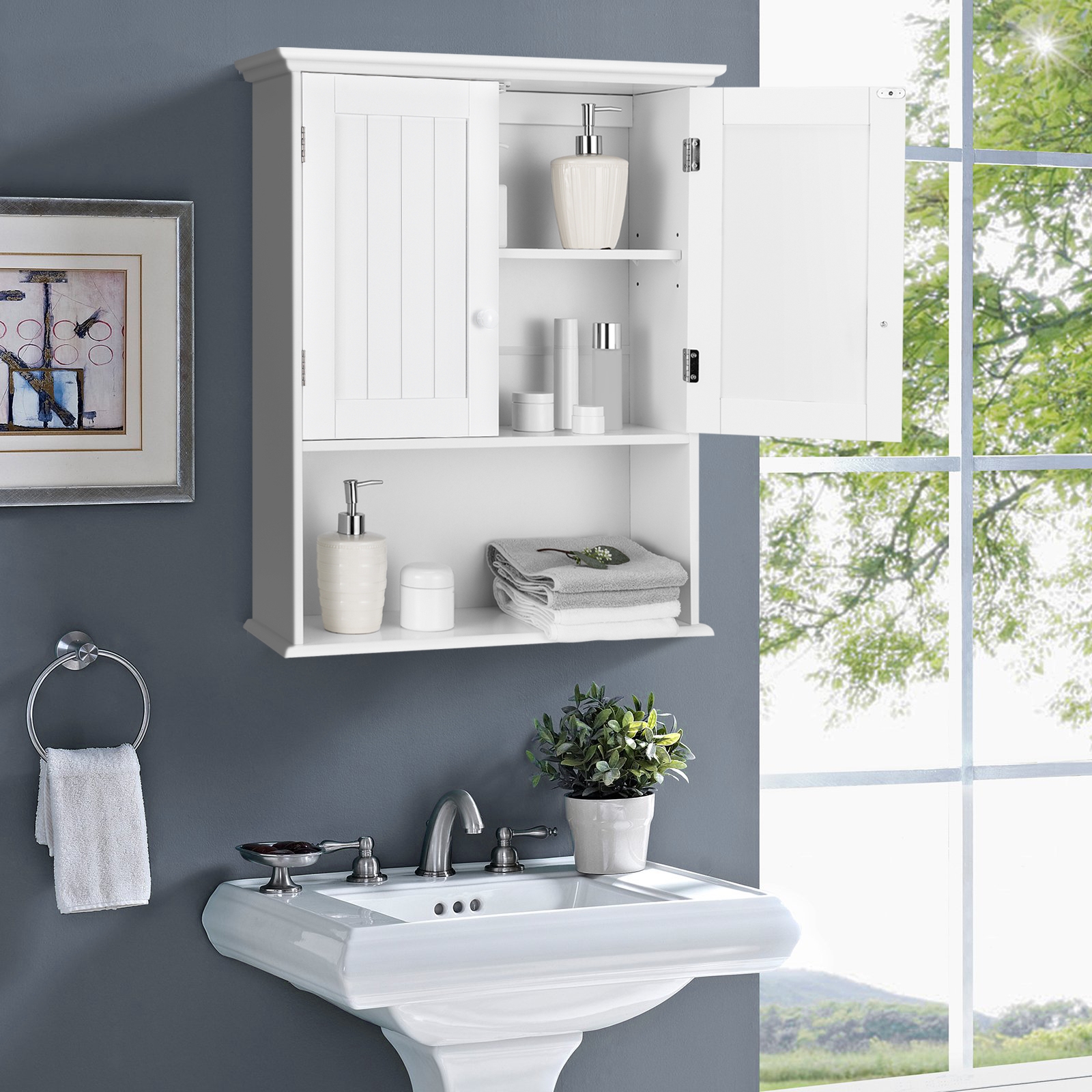 Armoire salle de bain 2 portes, rangement mural blanc