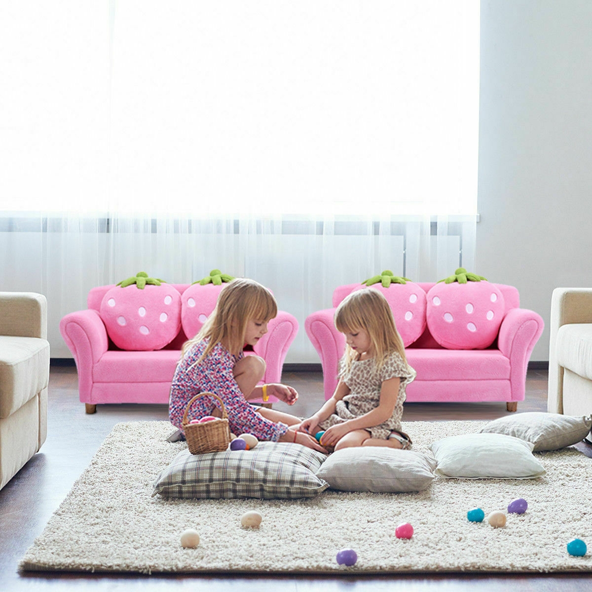 Fauteuil enfant fraise rose avec 2 coussins fraise mignons