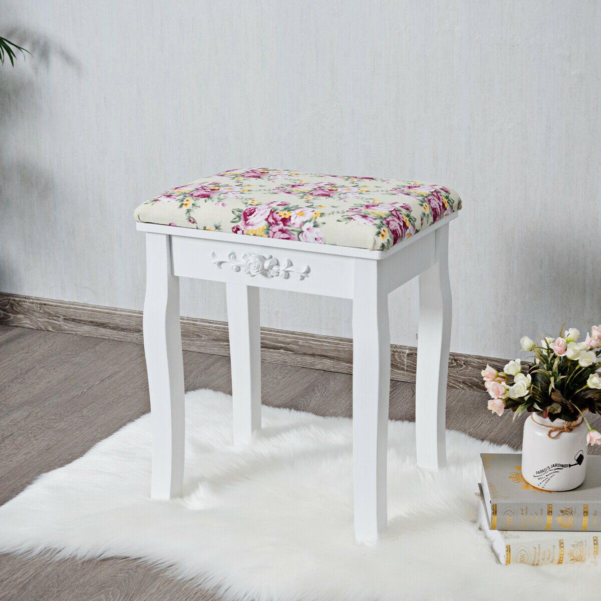 Tabouret piano bois rembourré rose blanc