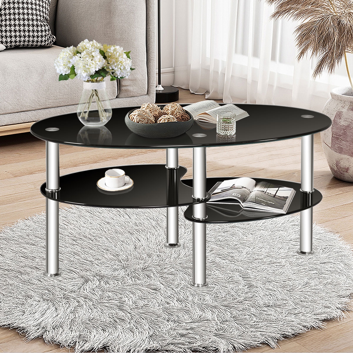 Table basse ovale verre teinté noir