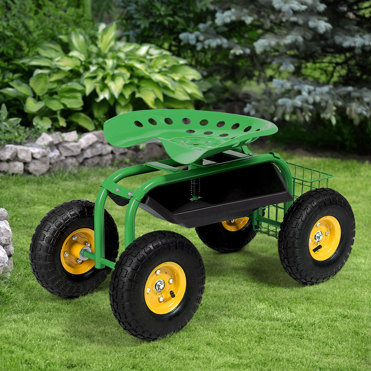 Chariot jardinage roulant rouge/vert porte-outils robuste
