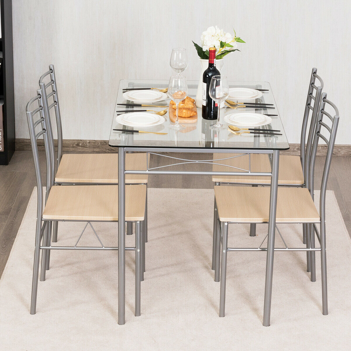 Ens. 5 salle à manger, table verre et 4 chaises