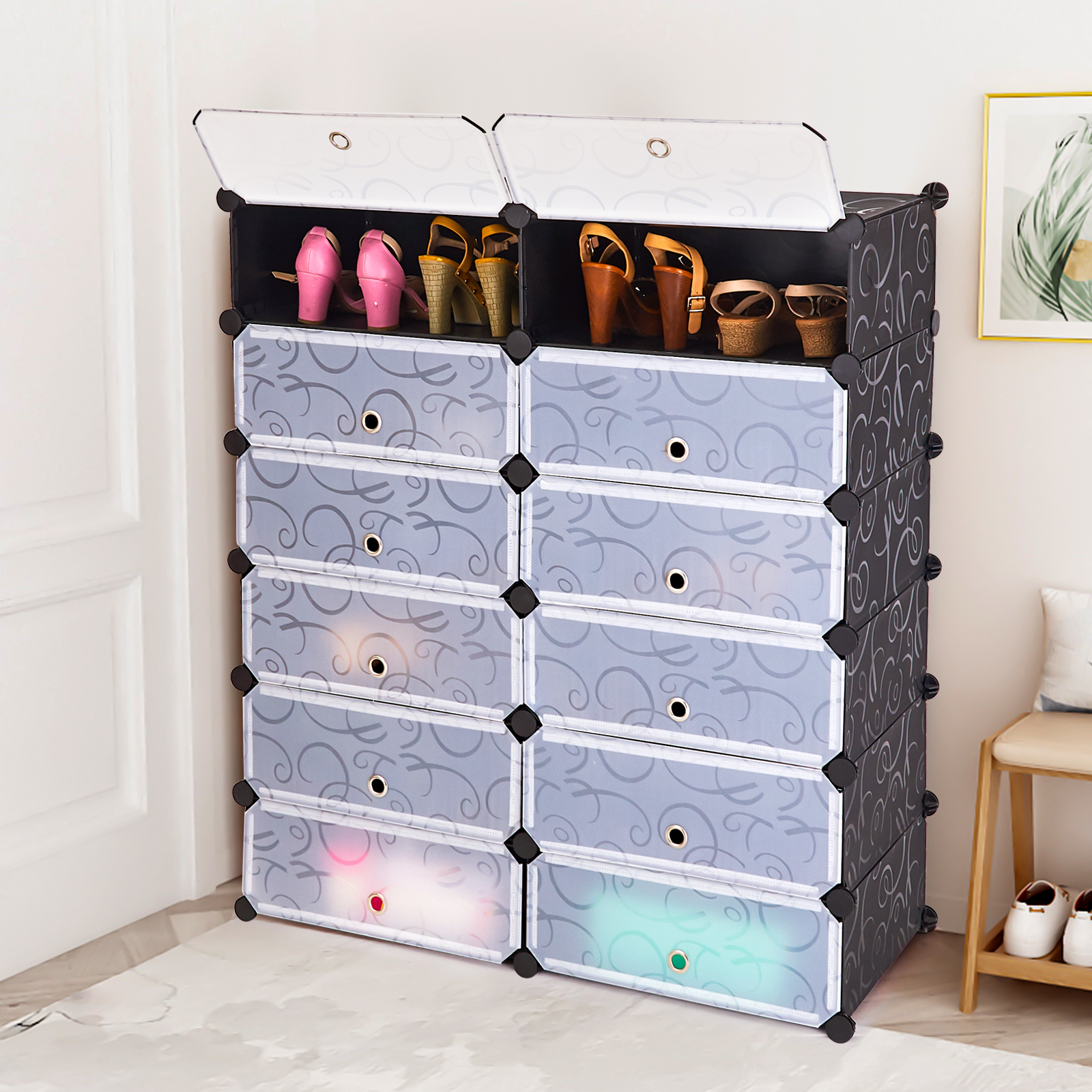 Rangement chaussures 12 cubes portes transparentes noir