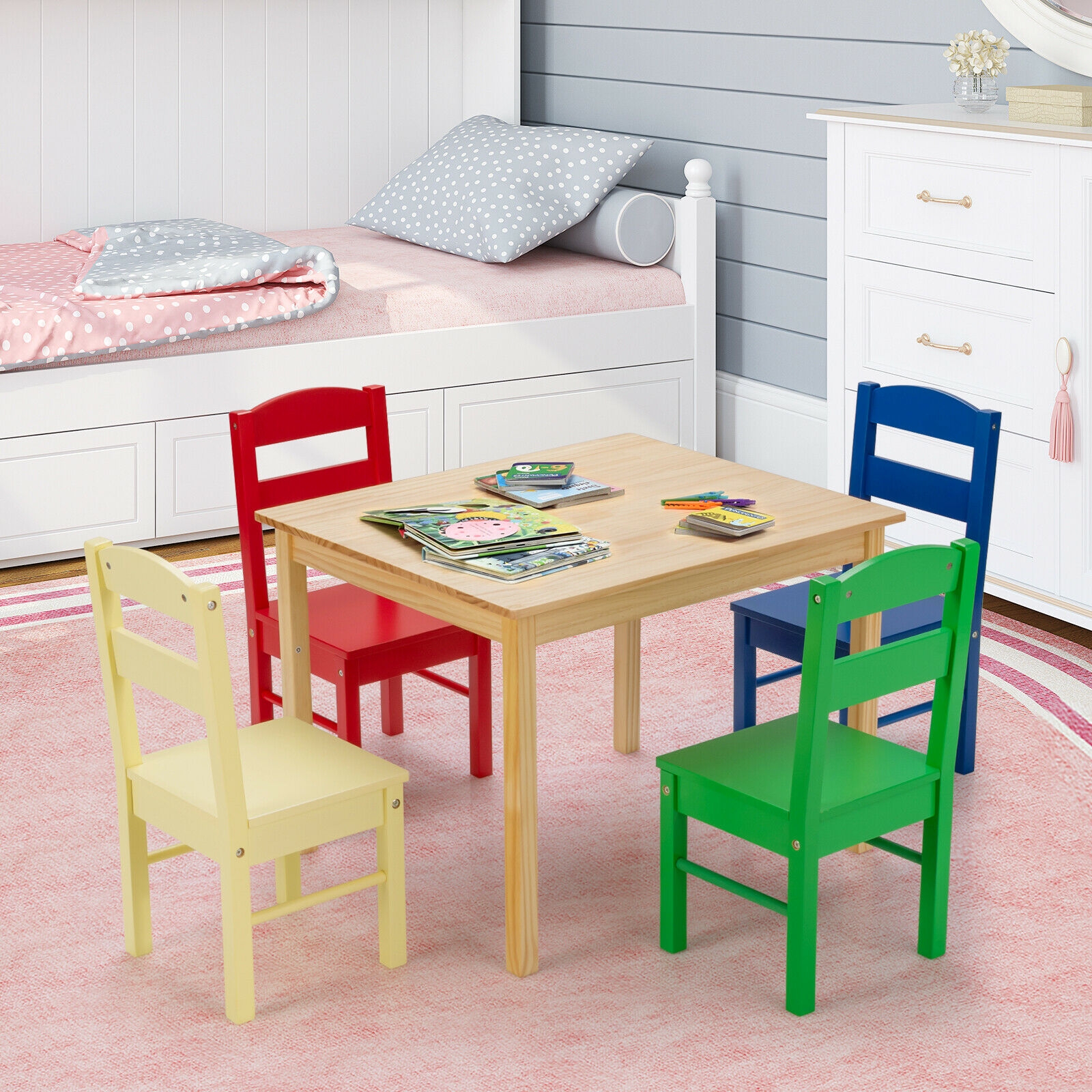 Ensemble table chaises enfants 5 pc bois pin, multicolore
