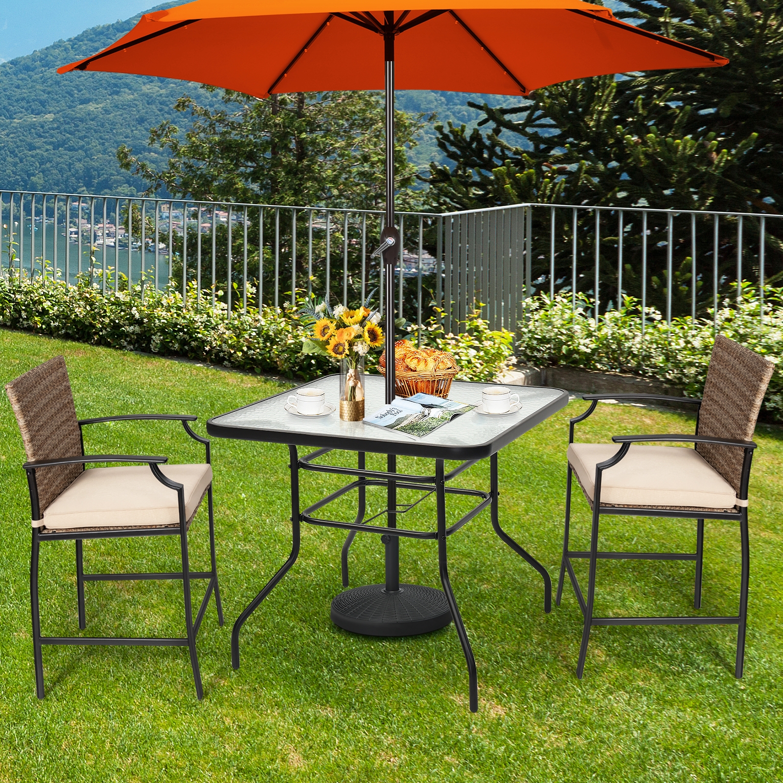 Table patio 32 po verre trempé cadre acier carré