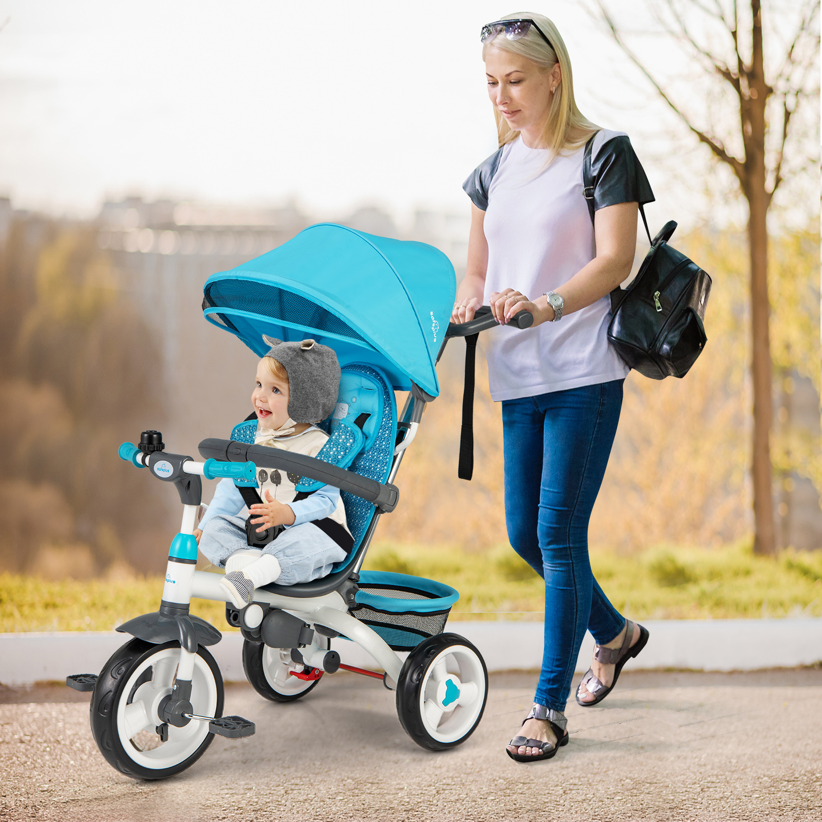Tricycle poussette bébé 5-en-1 canopy bleu