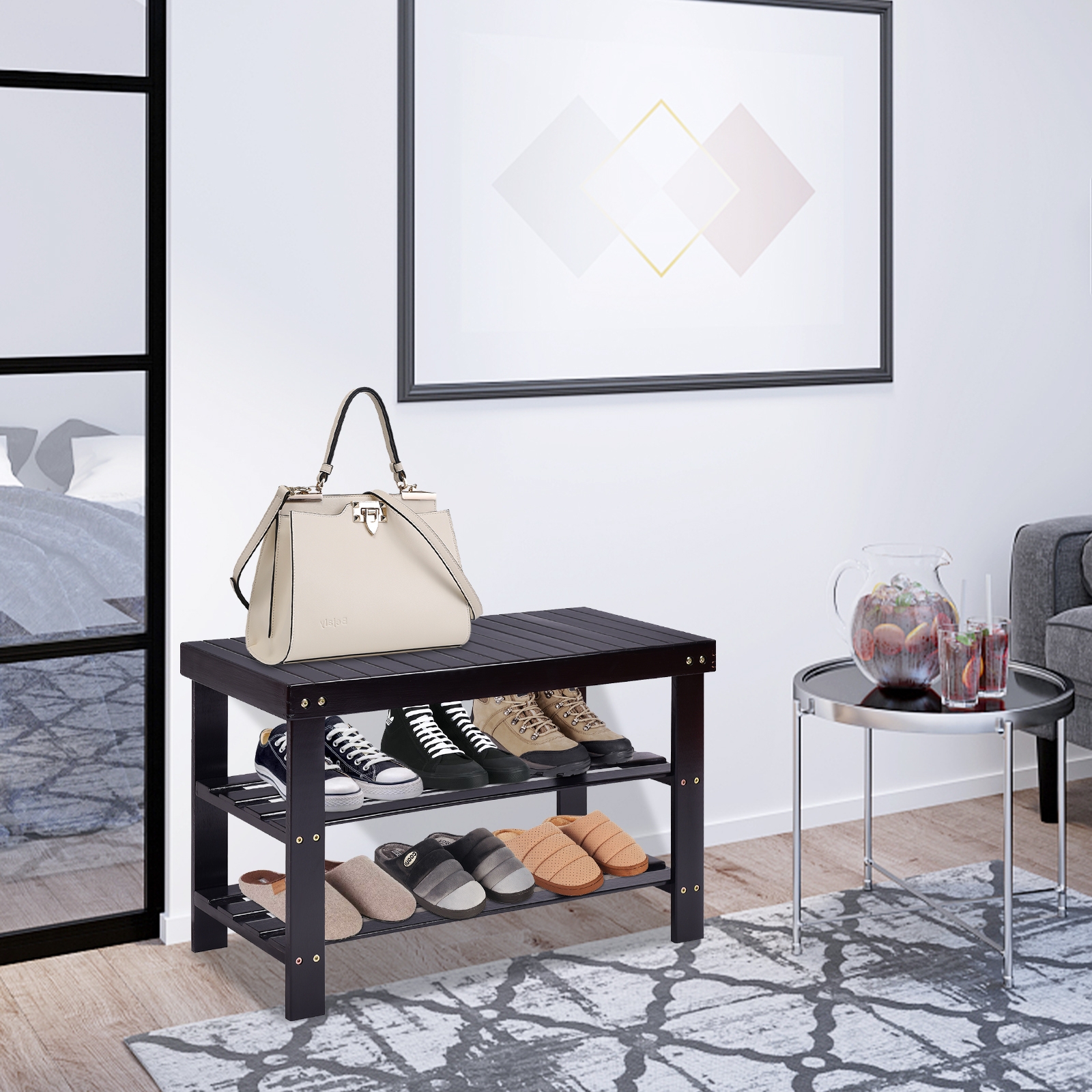 Banc rangement bambou 3 étages chaussures noir