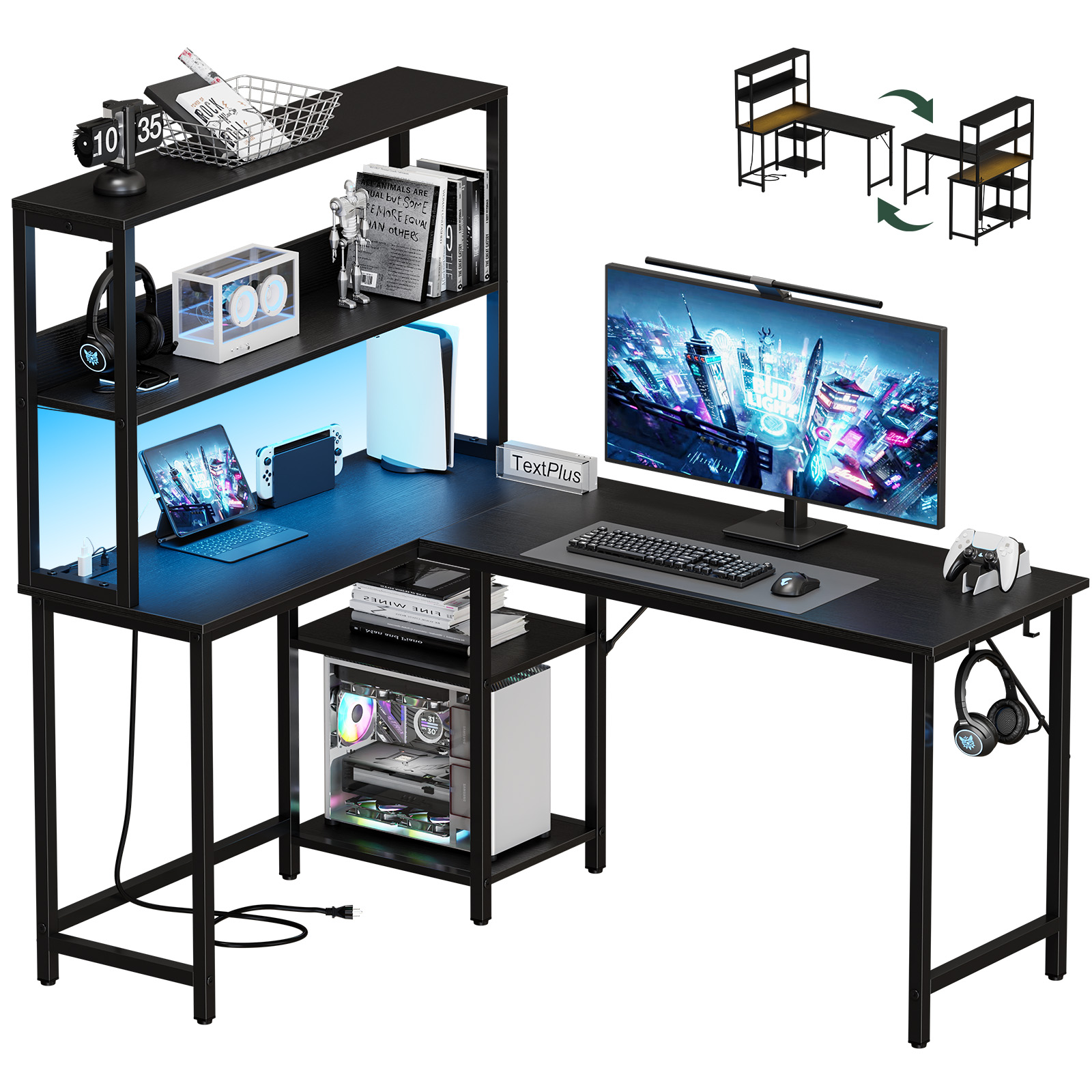 Bureau gaming L-shaped prise USB LED rangement