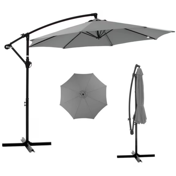 Parasol patio 10pi décentralisé alu, 8 baleines UV, gris