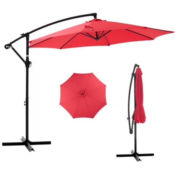 Parasol patio 10pi décentralisé alu, 8 baleines UV, rouge