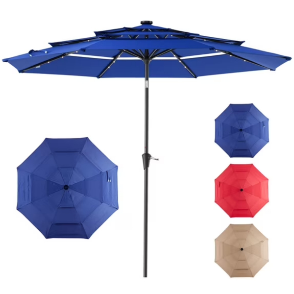 Parasol patio solaire 10 pi, 32 LED, inclinable, bleu marin