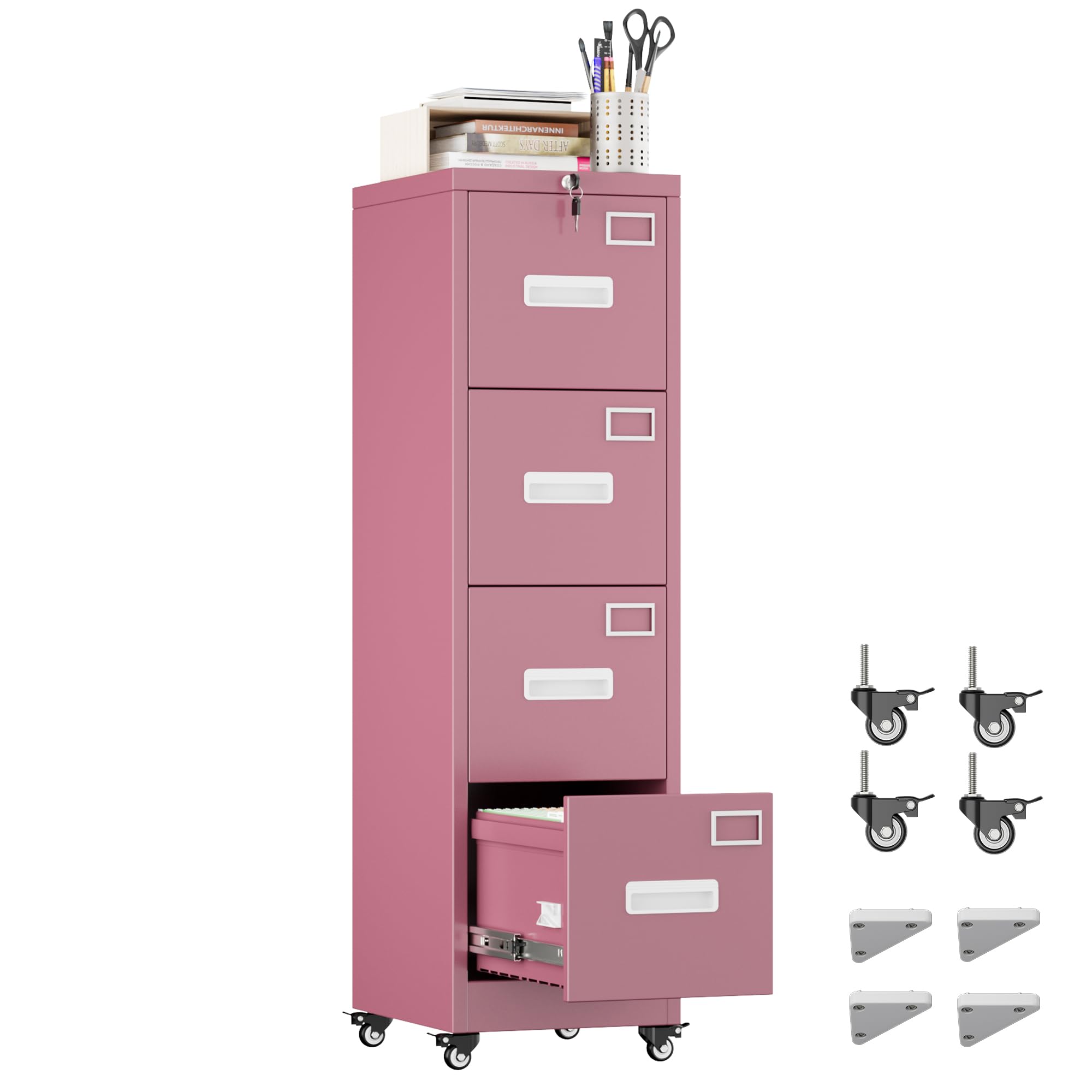 METAN Classeur 4 tiroirs roulant, métal, rose