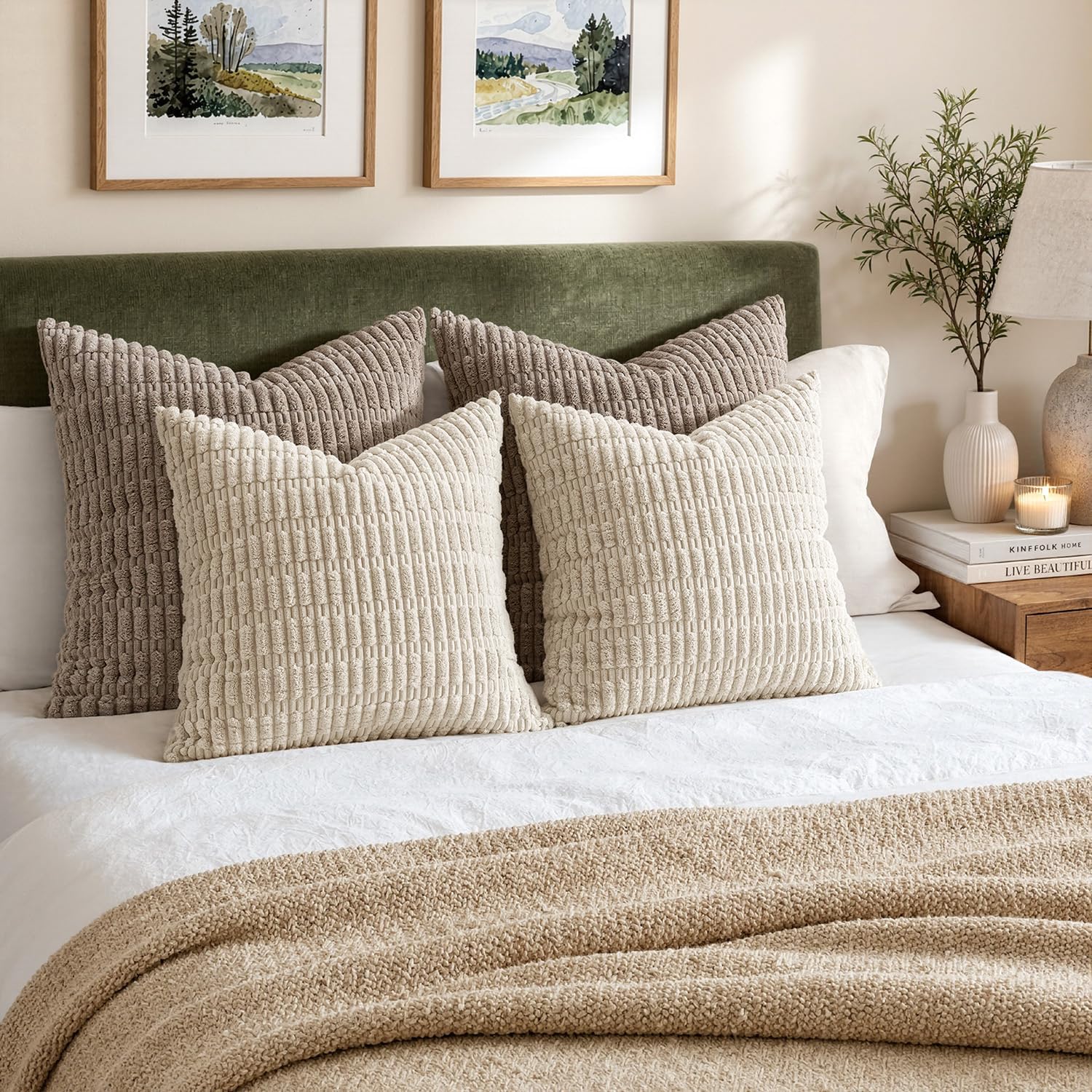 2pc taies coussin velours côtelé 18x18po style bohème beige