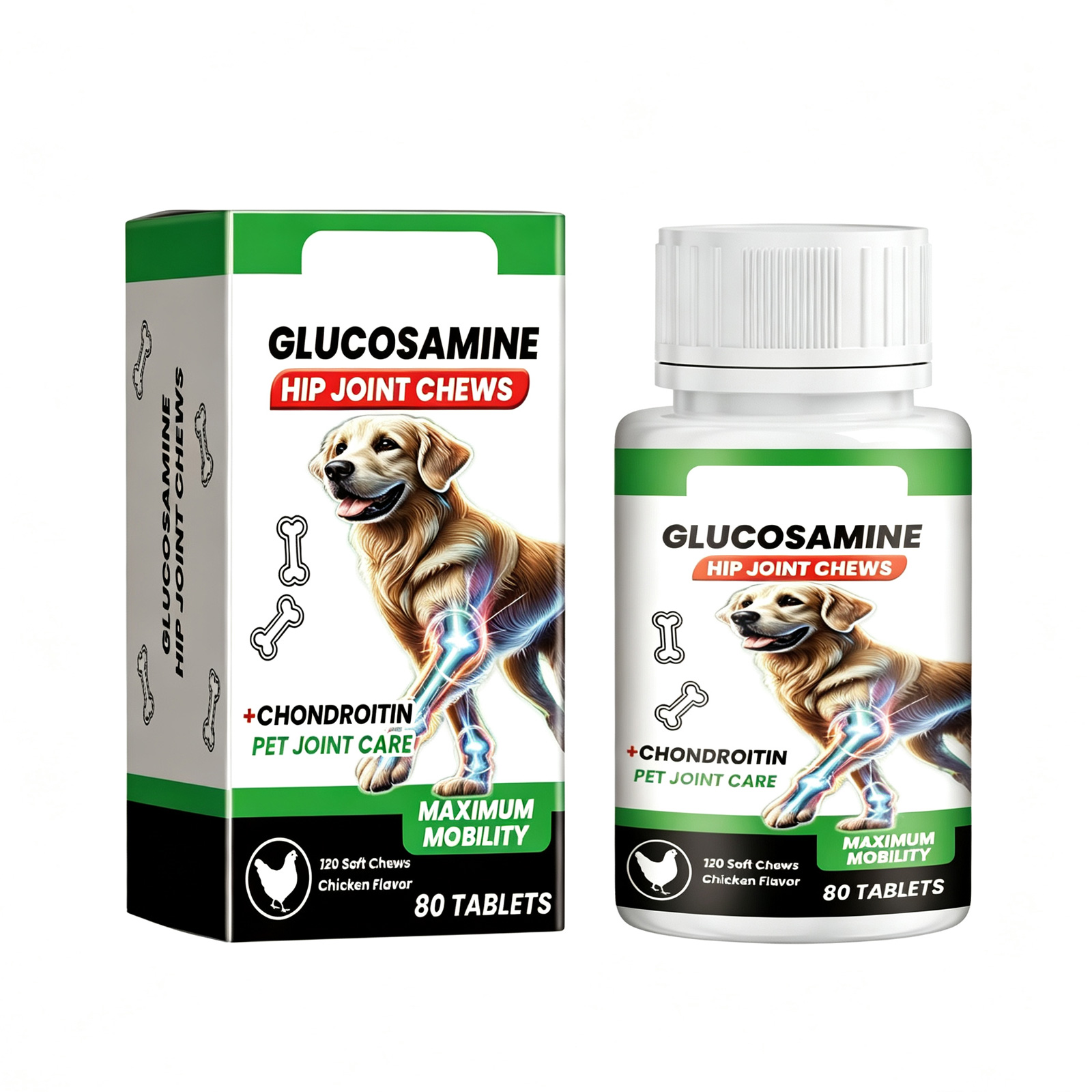 Mâchouilles glucosamine hanche chien, soutien articulaire, saveur poulet