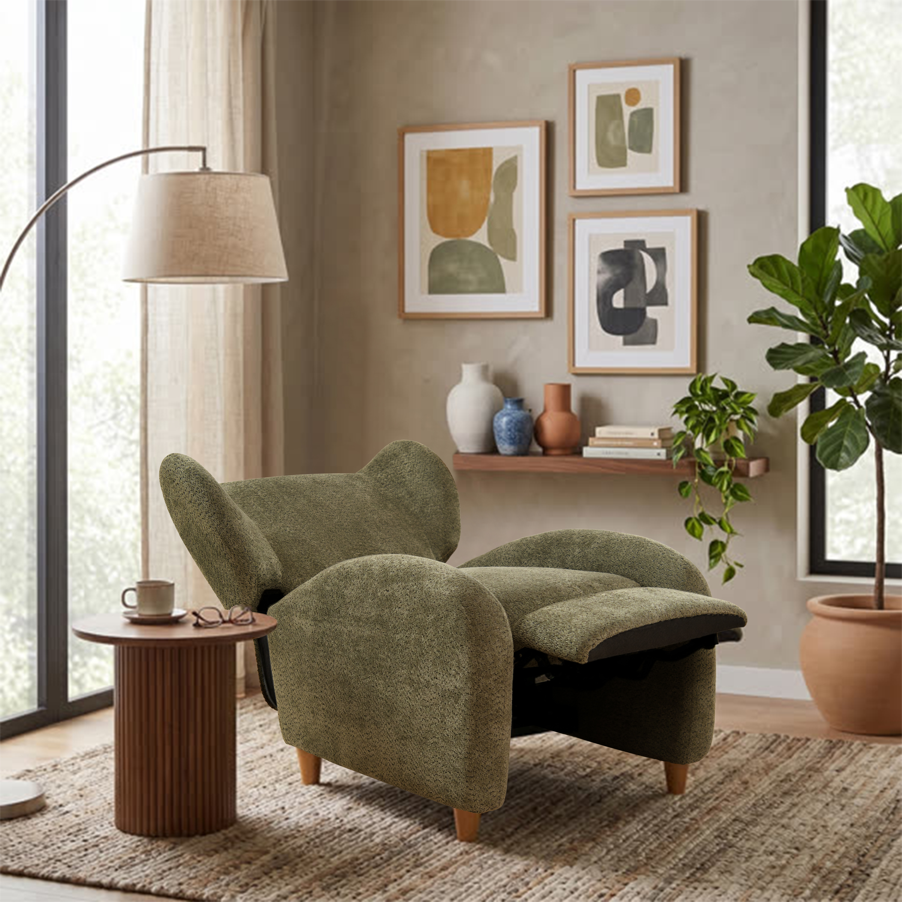 Chaise Nordic chenille dossier courbe, vert olive