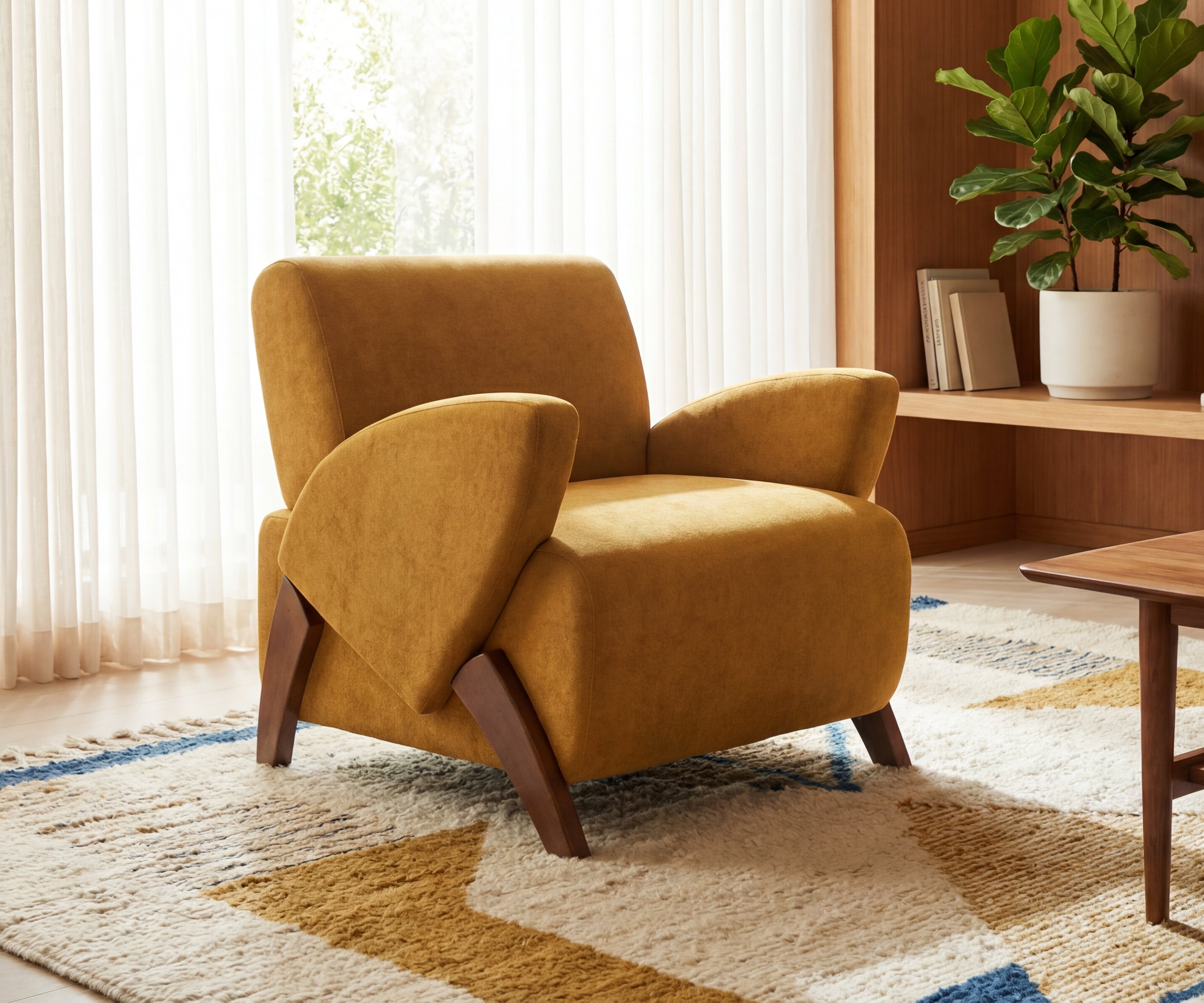 Fauteuil velours 28,15", 4 pieds bouleau, moutarde