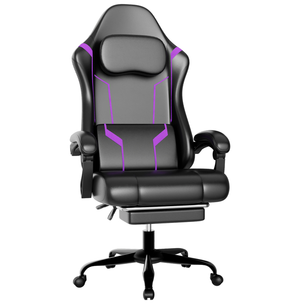 Chaise gaming ergonomique pourpre, ressort, repose-pieds, cuir synthétique
